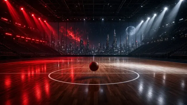 Illustration of a basketball dropping through a net in a crowded arena lit in red and white