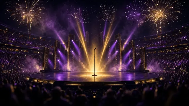 Illustration of a giant stadium stage at night with sweeping spotlights, confetti and a crowd of silhouettes