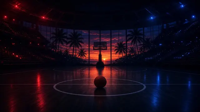 Illustration of a basketball player's hand blocking a shot near the rim in a bright arena