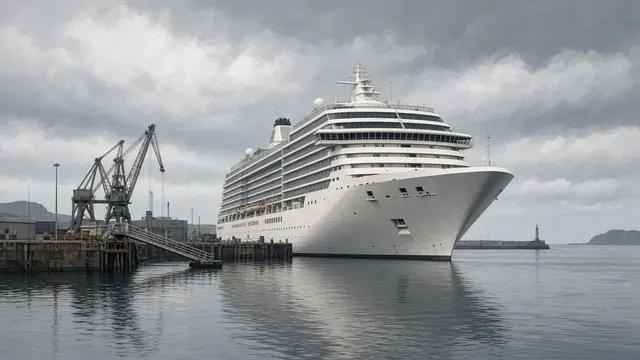 Illustration of a large white cruise ship and stacked container ships at a stormy port under dark clouds