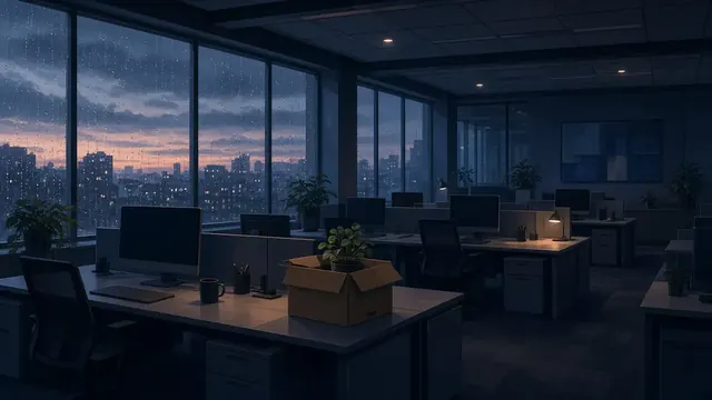 Illustration of an empty office hallway at night with a single lit desk lamp and a cardboard box on a chair