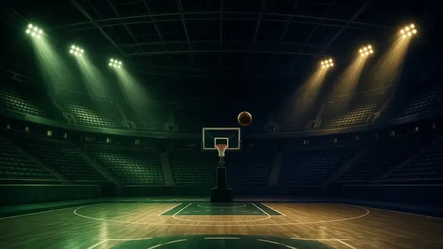 Illustration of a basketball hoop and net under bright lights with a half-empty arena in the background