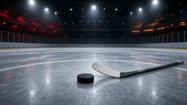 Illustration of a hockey goalie crouched in front of a net on bright ice in a packed arena under red and orange lights