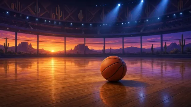 Illustration of a basketball arcing toward a hoop in a packed arena under warm orange and blue lights