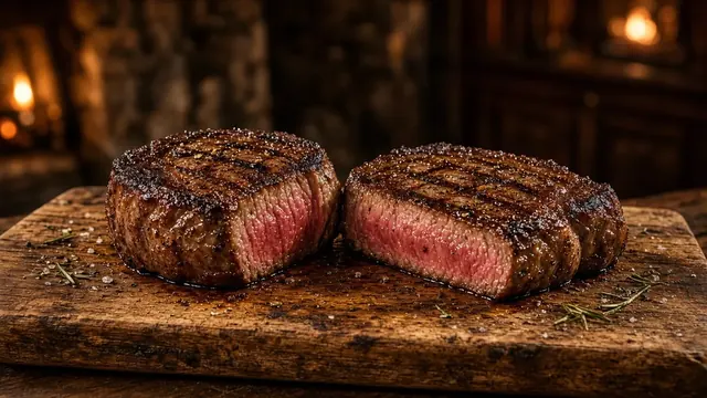 Illustration of a thick round steak and a wider flat steak on a cutting board with a knife and herbs in warm kitchen light