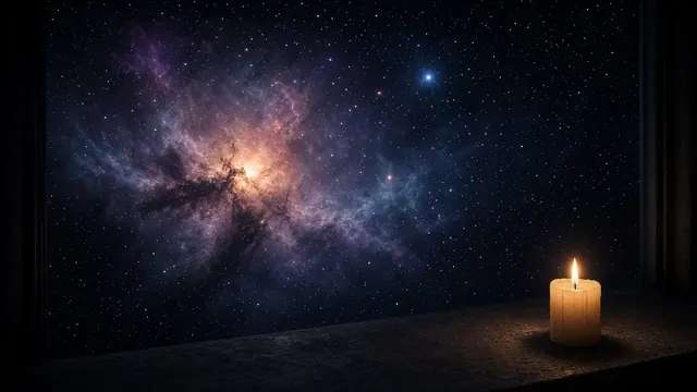 Illustration of a lone starship drifting past a glowing nebula in deep space with distant stars
