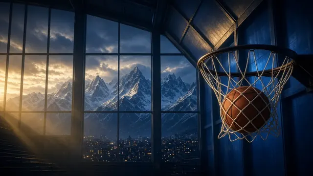 Illustration of a basketball swishing through a net in a mountain-city arena with warm gold and blue lights