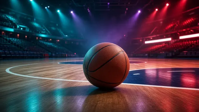 Illustration of a basketball player rising for a dunk in a bright, crowded indoor arena