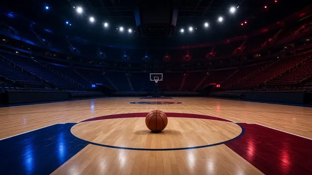 Illustration of a basketball dropping through a hoop in a packed arena with a glowing overtime scoreboard blurred in the background