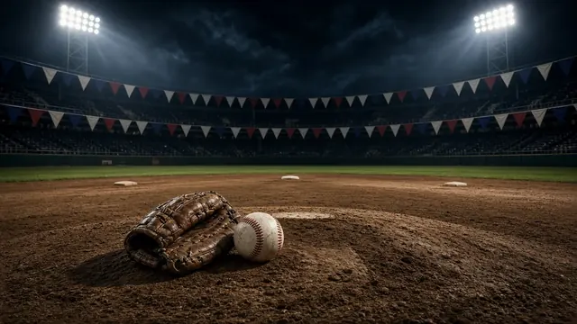 Illustration of a baseball and bat on home plate inside a domed ballpark lit up at night