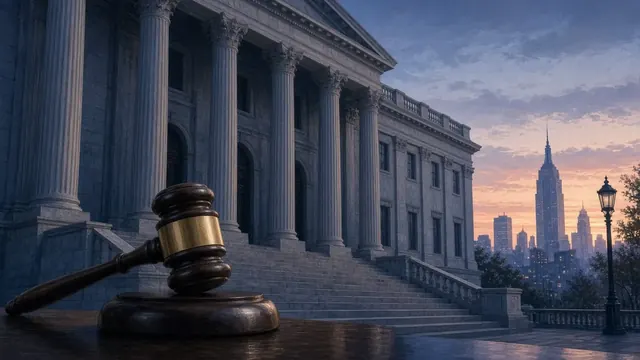 Illustration of a courthouse staircase with tall columns at dusk and a stack of legal folders in the foreground