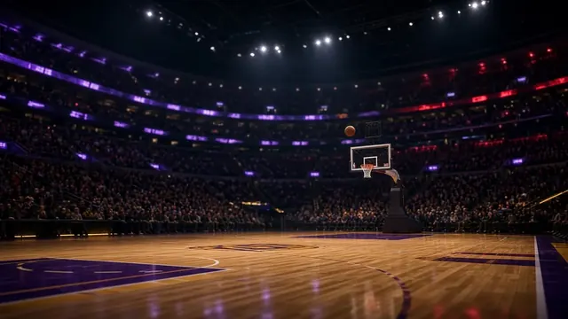 Illustration of a basketball swishing through a net under bright arena lights, with an empty court below