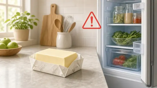 Illustration of a wrapped block of butter on a kitchen counter next to an open refrigerator door