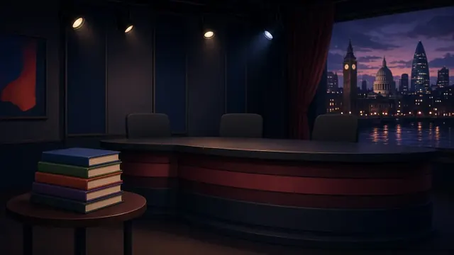 Illustration of an empty TV studio panel desk under dimmed lights with a stack of children's books on a side table