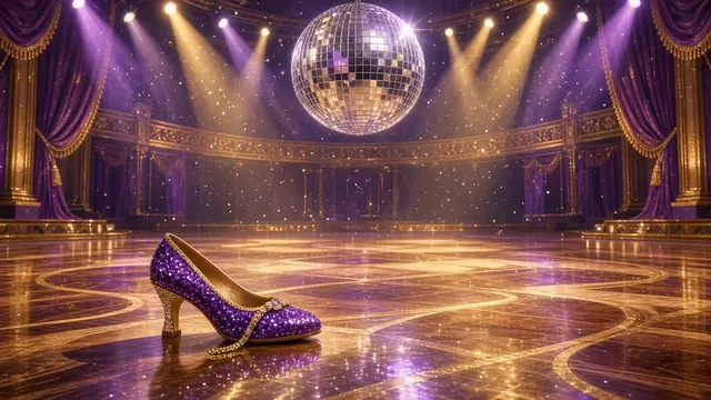 Illustration of an empty ballroom dance floor lit by eerie purple spotlights with fog and a mirrorball overhead