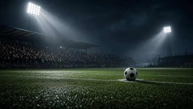 Illustration of fans spilling onto a rain-soaked soccer field under floodlights at a small seaside stadium at night