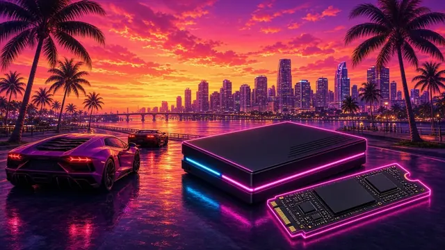 Illustration of a neon-lit tropical city skyline at sunset with a game controller and a glowing storage drive in the foreground