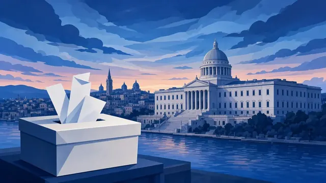Illustration of a long wooden table stacked with sealed ballot boxes and blank tally sheets under fluorescent lights at dawn