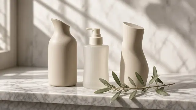 Illustration of three sculptural, unlabeled haircare bottles on a sunlit marble shelf beside a sprig of olive leaves