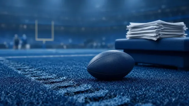 Illustration of a lone football on the turf of an empty stadium at twilight under bright floodlights