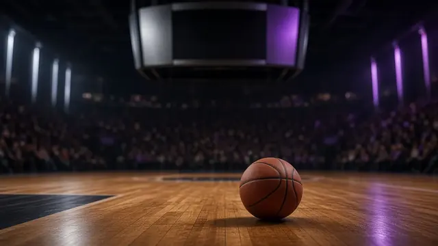 Illustration of a towering basketball player rising for a dunk above a crowded paint in a bright arena