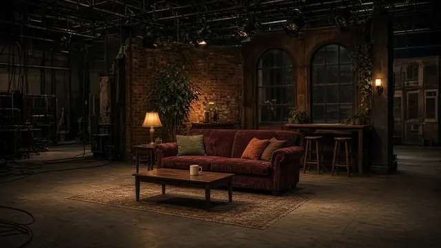 Illustration of an empty orange velvet couch in a cozy coffee shop at dusk with a single lamp glowing