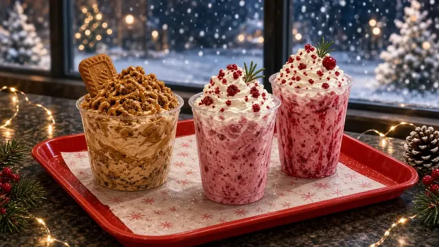 Illustration of a wall calendar beside festive to-go cups with cold foam and a paper takeout bag on a wintry counter