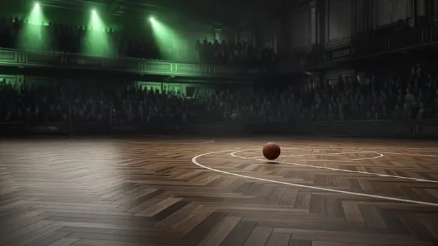 Illustration of a basketball in midair heading toward the rim as an arena shot clock glows red at zero