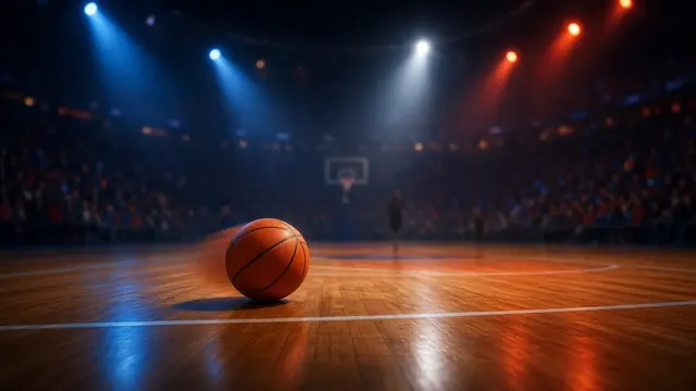Illustration of a basketball resting on the hardwood of a packed, brightly lit city arena at night