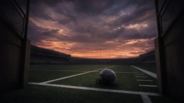 Illustration of two football offensive linemen locking arms in pass protection on a rainy field at night
