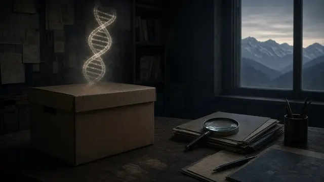 Illustration of evidence boxes on archive shelves in a dim records room with a single desk lamp