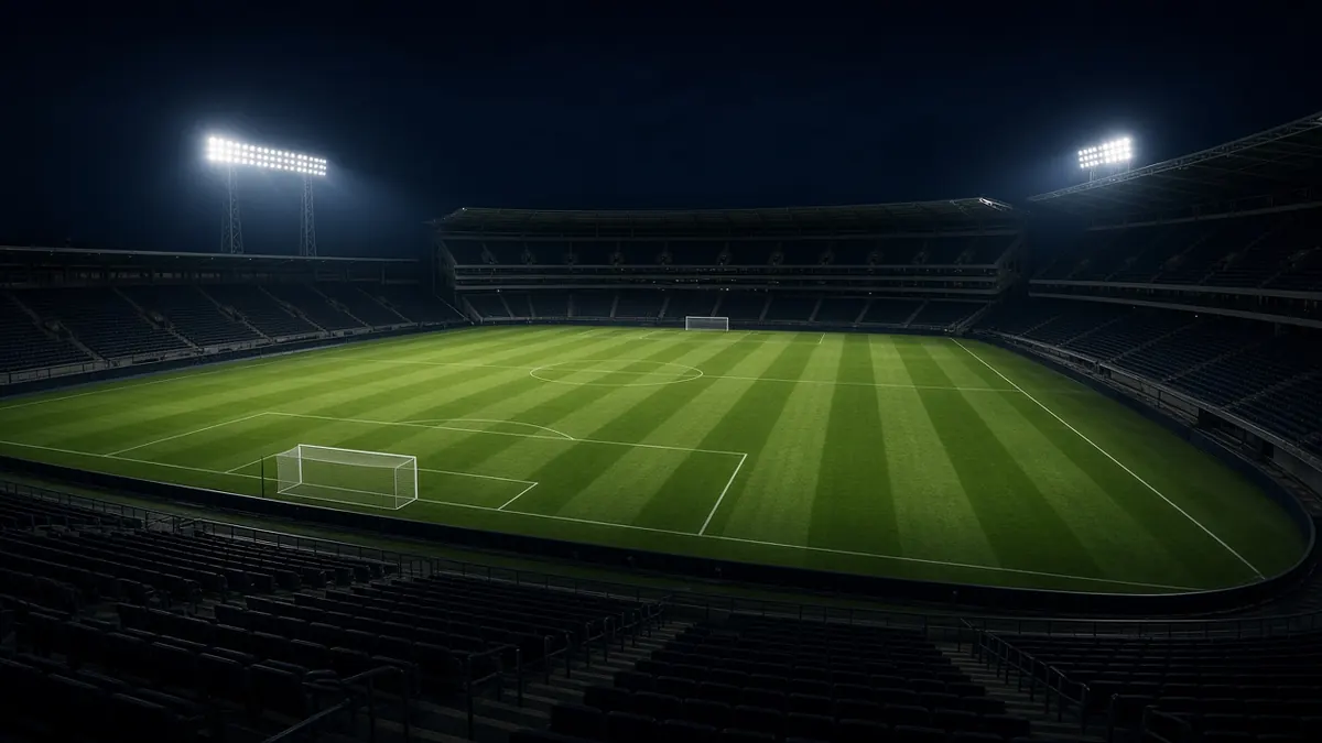 Illustration of a soccer field at night seen from high in the stands, with floodlights and an empty pitch
