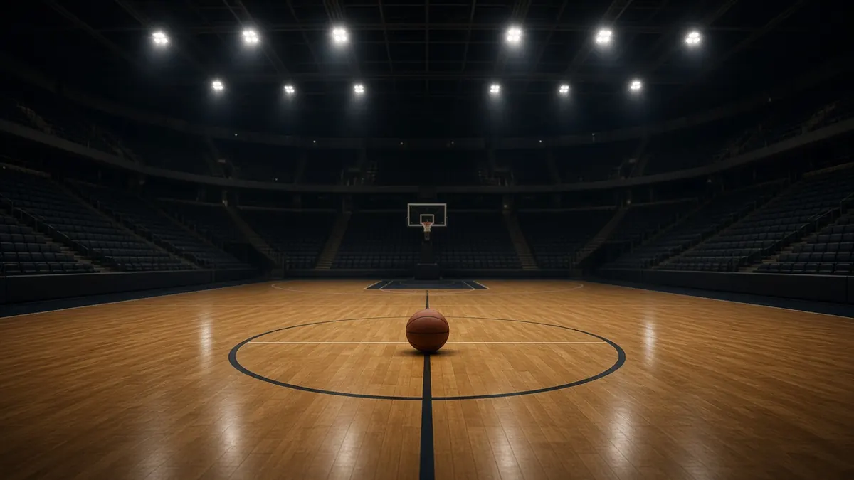 Illustration of an empty basketball court with a single ball at center court under arena lights