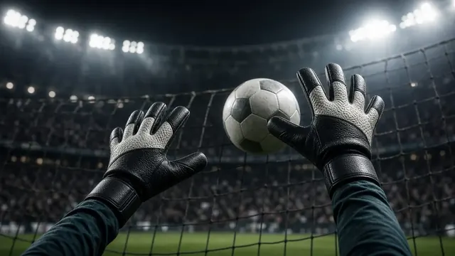 Illustration of a soccer goalkeeper's gloves stretching toward a ball in front of a net inside a huge night-lit stadium bowl