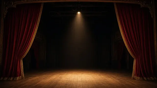 Illustration of an empty vintage theater stage with a single warm spotlight and red velvet curtains