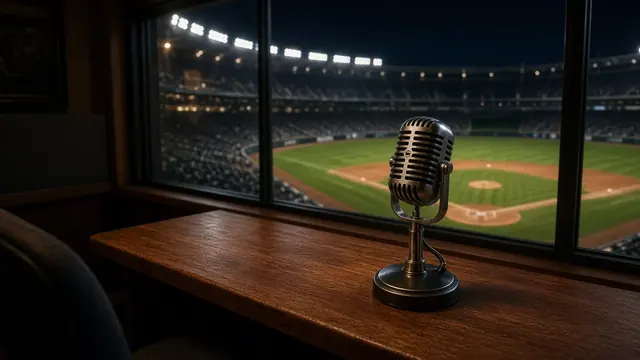 Illustration of a vintage radio microphone in an empty broadcast booth overlooking a lit baseball field at night