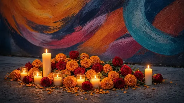 Illustration of candles, marigolds and red roses on a sidewalk altar beneath a colorful painted mural wall at dusk