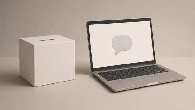Illustration of a ballot box beside a glowing laptop screen showing an abstract chat bubble with no readable text