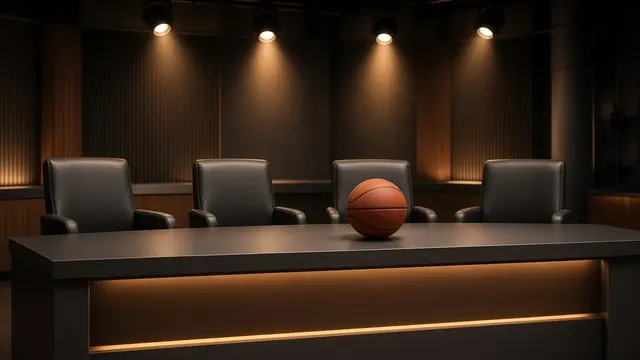 Illustration of an empty TV studio desk with four chairs under warm spotlights, a basketball resting on the desk