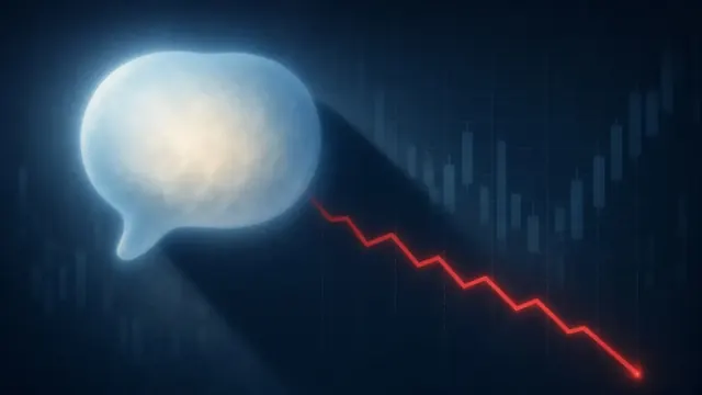 Illustration of a large glowing chat bubble casting a shadow over a declining line chart on a dark trading screen