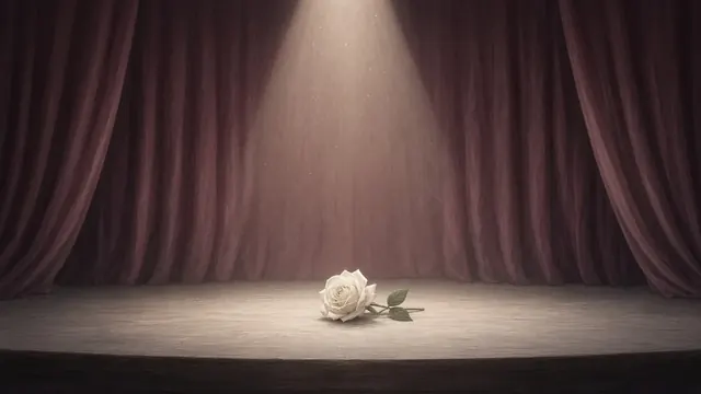 Illustration of a quiet, softly lit empty theater stage with a single spotlight on a closed curtain
