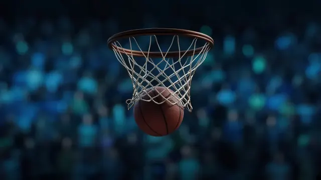 Illustration of a basketball swishing through a hoop in a dim arena with blurred crowd lights