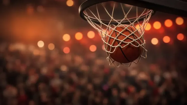Illustration of a basketball dropping through a net in a packed indoor arena with blurred orange and red lights