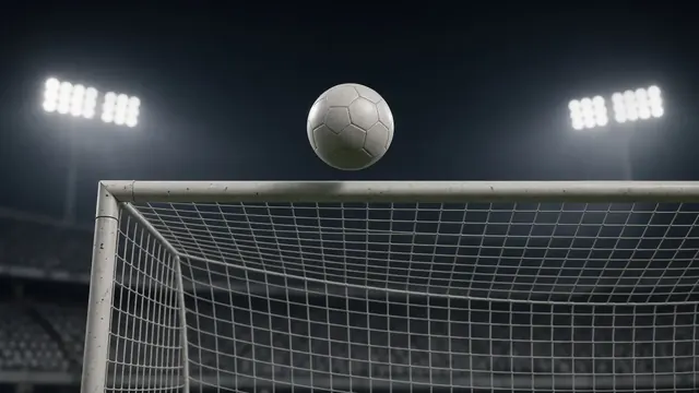 Illustration of a soccer ball flying high over the crossbar of a goal at night, with blurred floodlights and an empty stand behind
