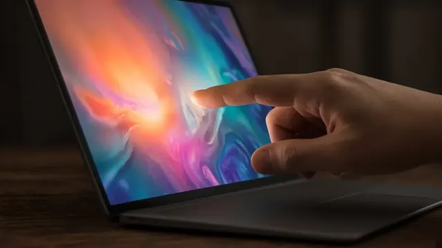 Illustration of a fingertip approaching the glowing screen of a generic open laptop on a dark wooden table
