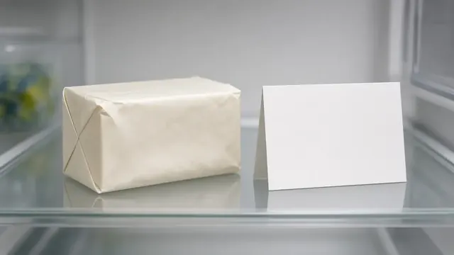 Illustration of an unbranded wax-paper-wrapped butter block on a refrigerator shelf beside a blank recall notice card