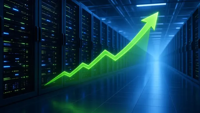 Illustration of an upward-trending green line chart glowing above rows of data center server racks