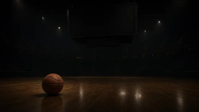 Illustration of a basketball on the hardwood of a dimly lit arena with a glowing scoreboard frame and no readable numbers