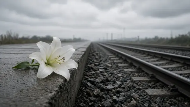 Illustration of a single white lily resting on a railway platform edge beside empty tracks under an overcast sky