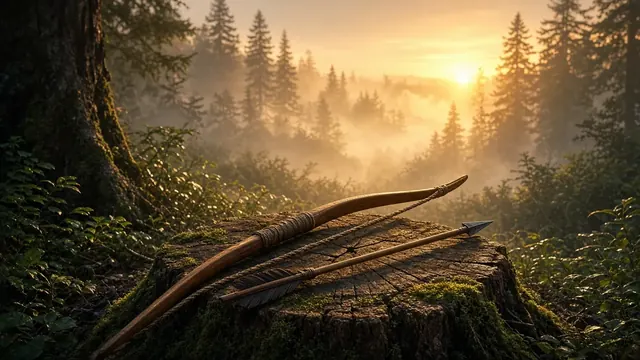 Illustration of a golden sunrise over a misty forest clearing with a lone bow and arrow resting on a tree stump